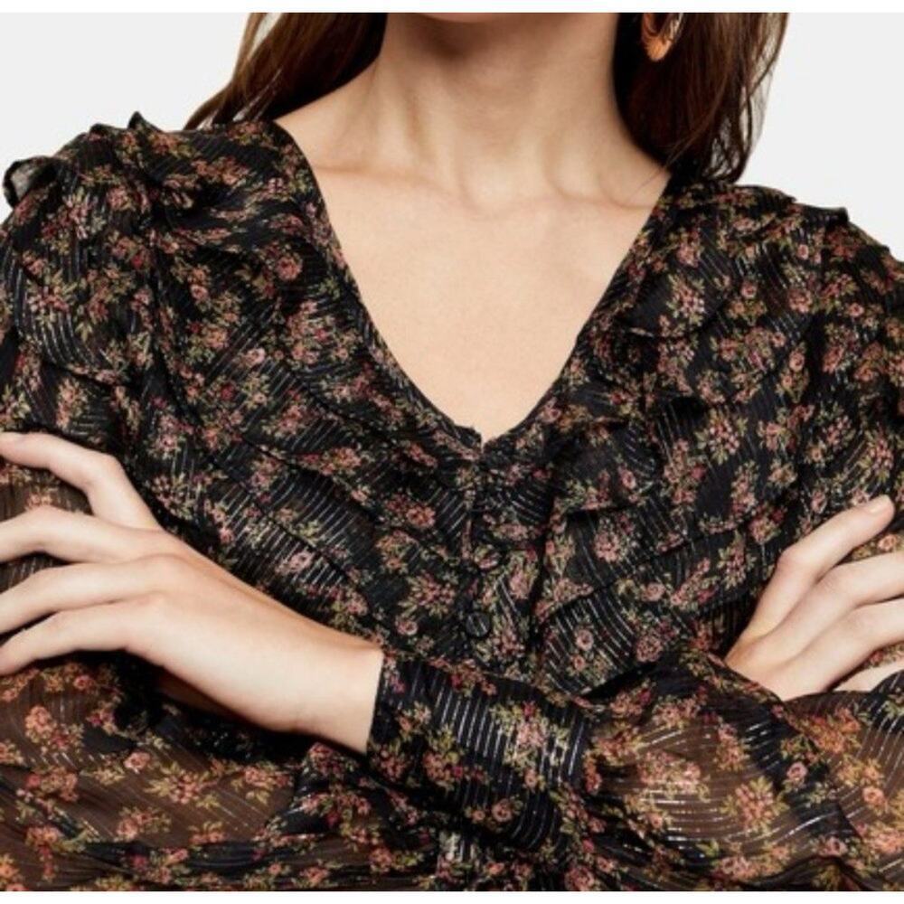 Topshop Floral Top Long Sleeve Ruffles Size L‎ - Picture 2 of 8